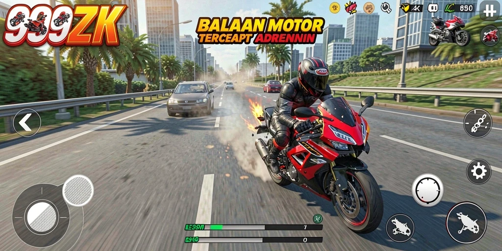 Screenshot gameplay 999ZK menampilkan aksi balapan motor yang mendebarkan.