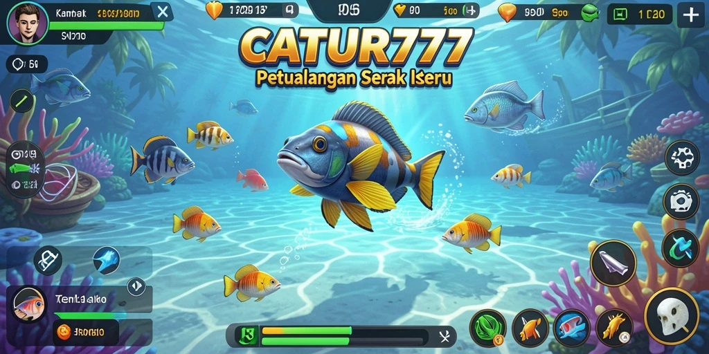 Tangkapan layar utama CATUR777 menampilkan aksi seru menembak ikan di bawah laut.