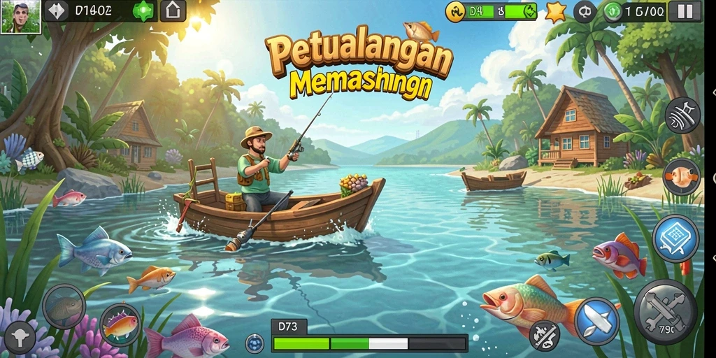 Gameplay D73 menunjukkan aktivitas memancing yang seru dan menantang.