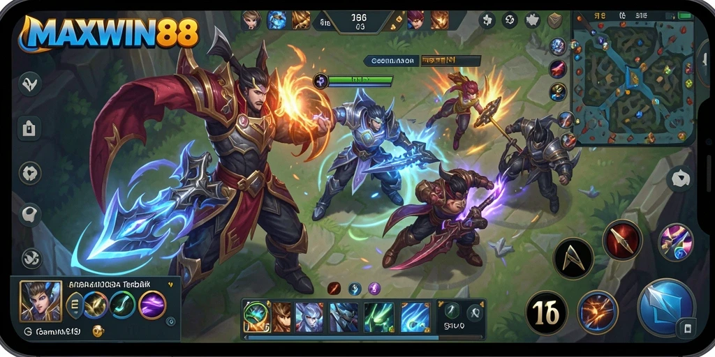 Screenshot gameplay MOBA MAXWIN88 menunjukkan aksi mendebarkan di arena.