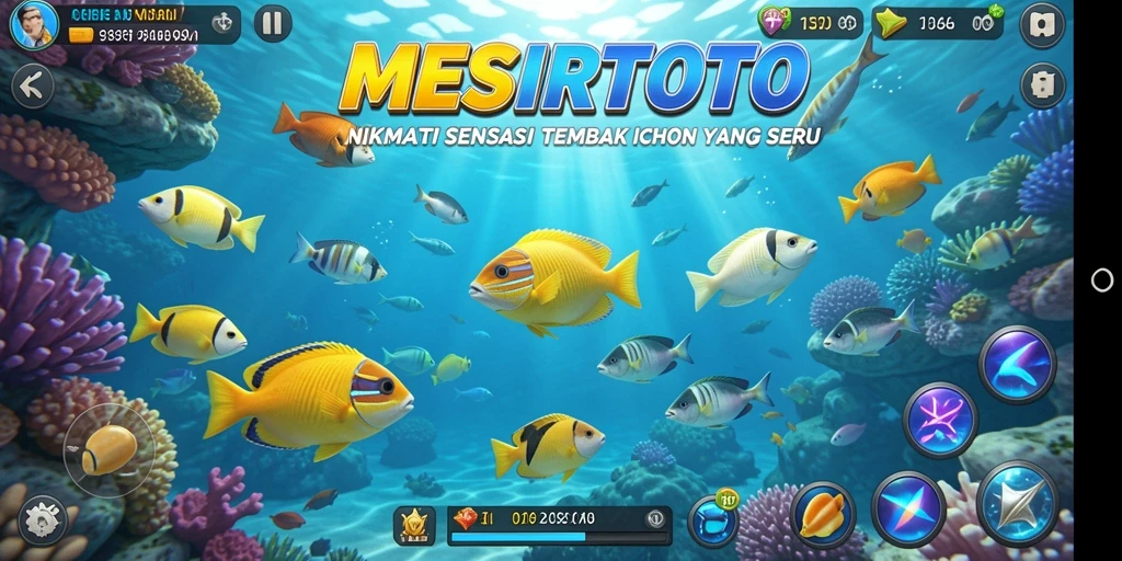Tampilan gameplay seru dalam <strong>MESIRTOTO</strong> saat menembak ikan berwarna-warni.