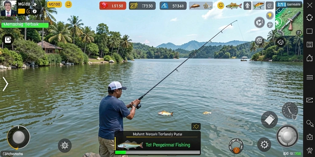 Screenshot gameplay MG108 yang menunjukkan aksi memancing seru.