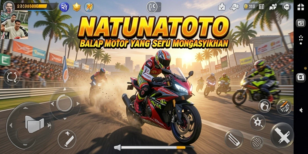 Gameplay seru NATUNATOTO dengan balapan motor cepat.