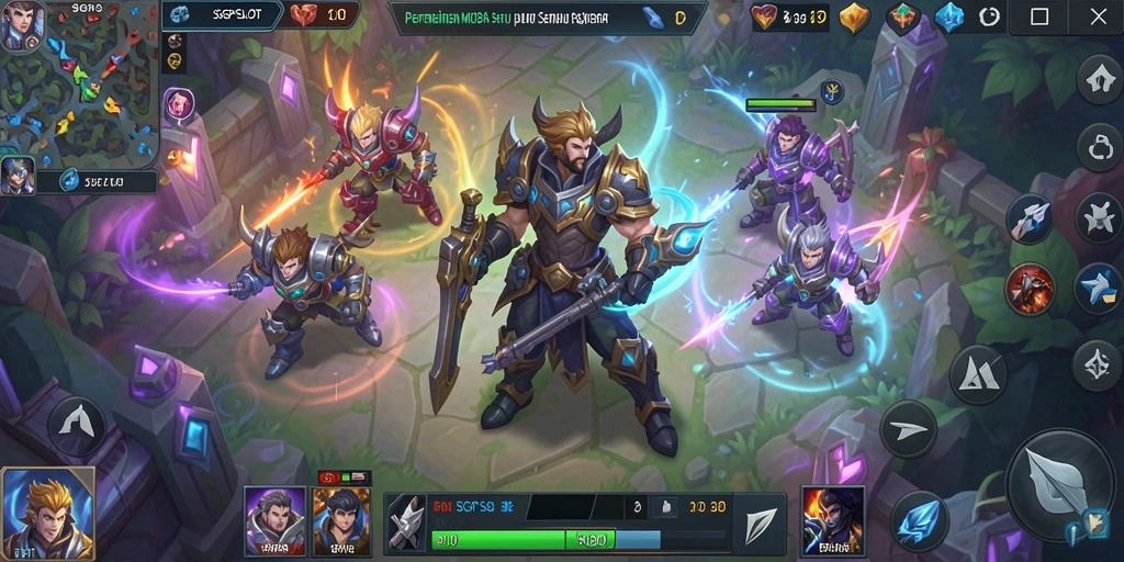 Screenshot gameplay SGPSLOT yang menunjukkan pertempuran MOBA yang intens.