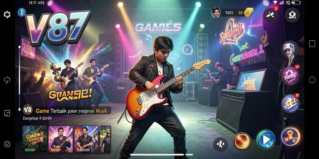 Screenshot gameplay V87 menunjukkan pengalaman musik interaktif.